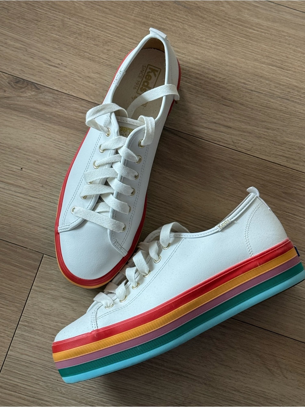 Keds White Low-Top Sneakers with Rainbow Stripe Platform